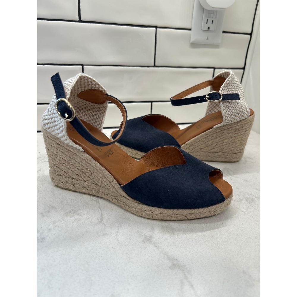Anthropologie Dalson Navy Suede Espadrille Wedge Sandals Navy Blue Womens 9